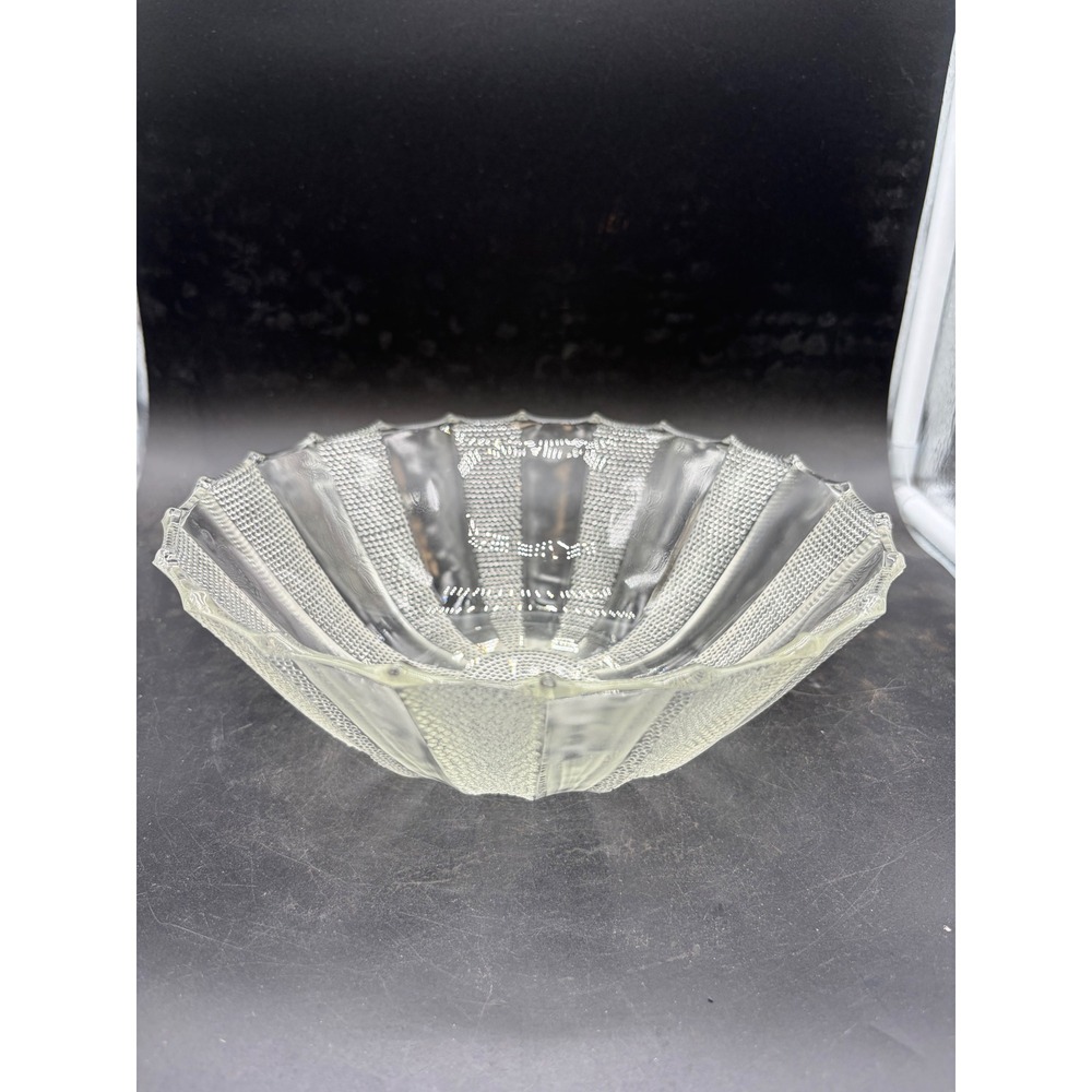 Vintage Clear Glass Scalloped Bowl Textured Stippled Stripe‎ Sunburst 8.5 Inch